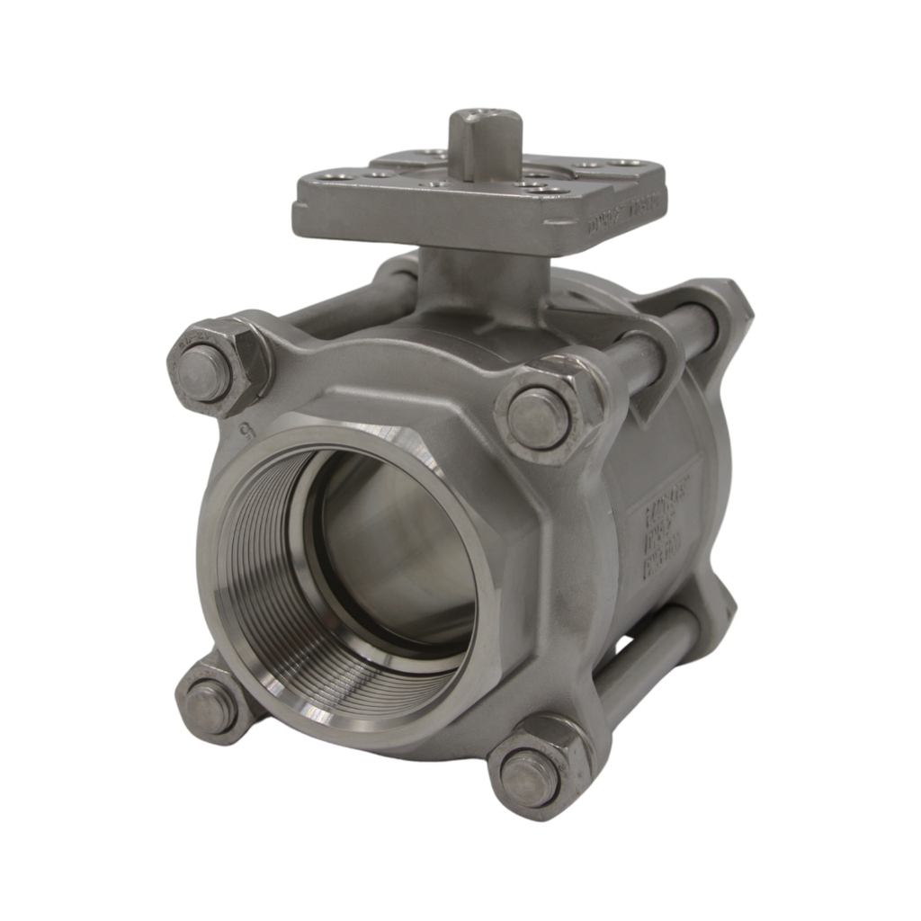 50MM (2”) APEX 3-6T 3-PIECE FULL PORT BALL VALVE WITH ISO MOUNTING PAD, 1,000 PSI, SS/SS/50%SSPTFE/BSP, 50%SS FILLED PTFE HT SEATS, BARE SHAFT